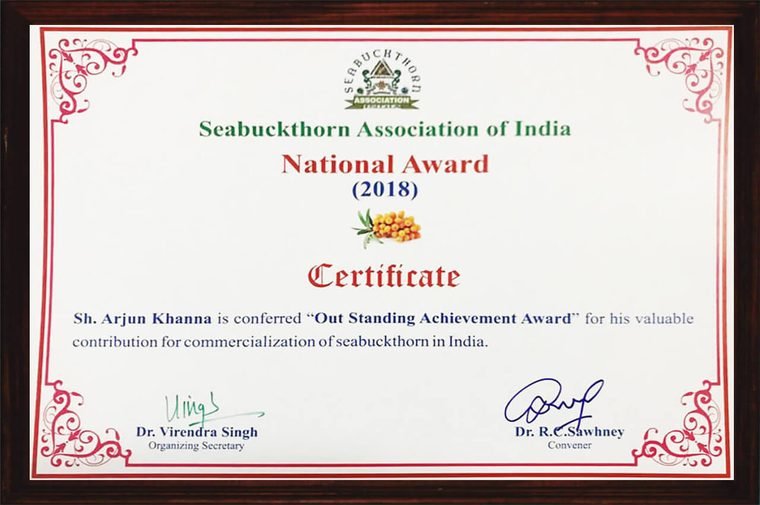 Certificate conferring the National Award 2018 on Sh. Arjun Khanna