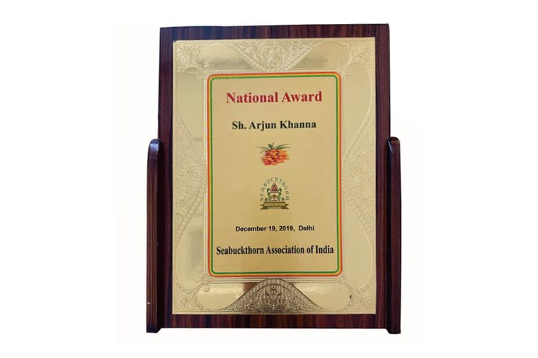 National Award plaque presented to Sh. Arjun Khanna by the Seabuckthorn Association of India, December 2019